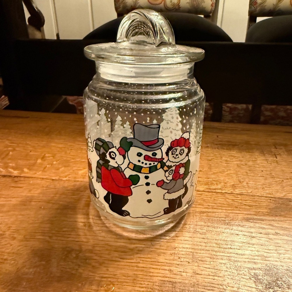 Vtg‎ 1993 ADGI glass candy jar featuring a festive panda bear and snowman scene.